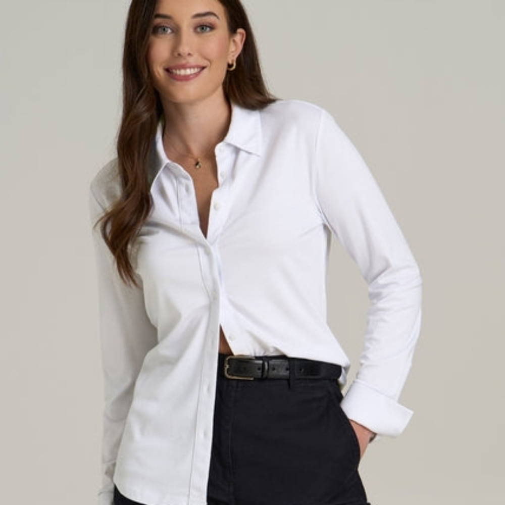 LANDS END White Shirt Knit Supima Cotton Button Up Extra Large New
